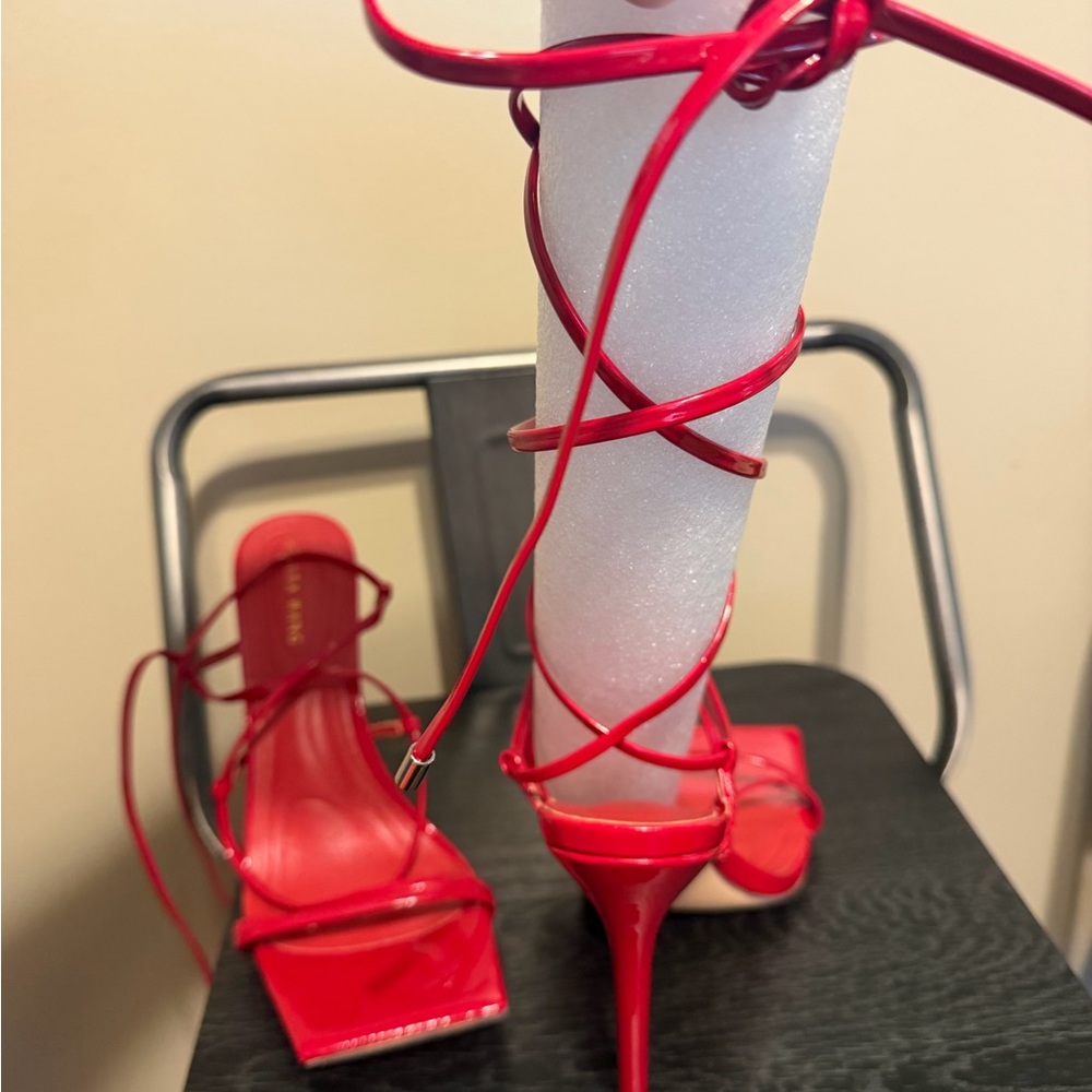 Azalea Wang Red Patent Lace Up Square Toe Heels Size 7 | Strappy Stiletto - Picture 7 of 9